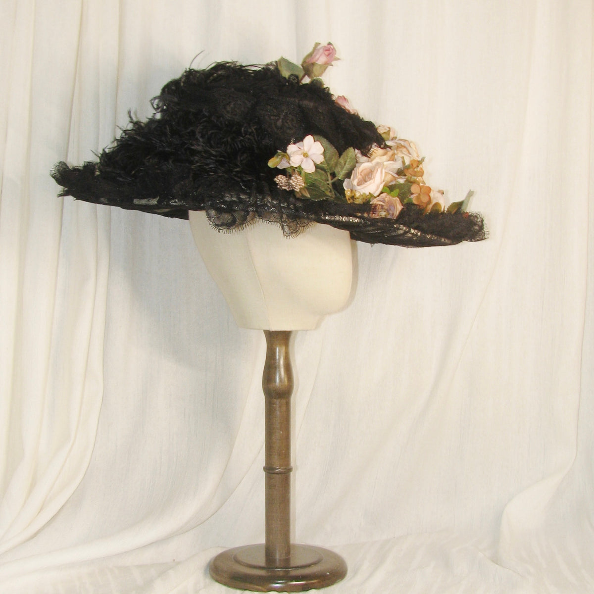 Edwardian Black Lace & Feather Hat with Pink-White Roses - Elegant Formal Event Headwear ARHA1028