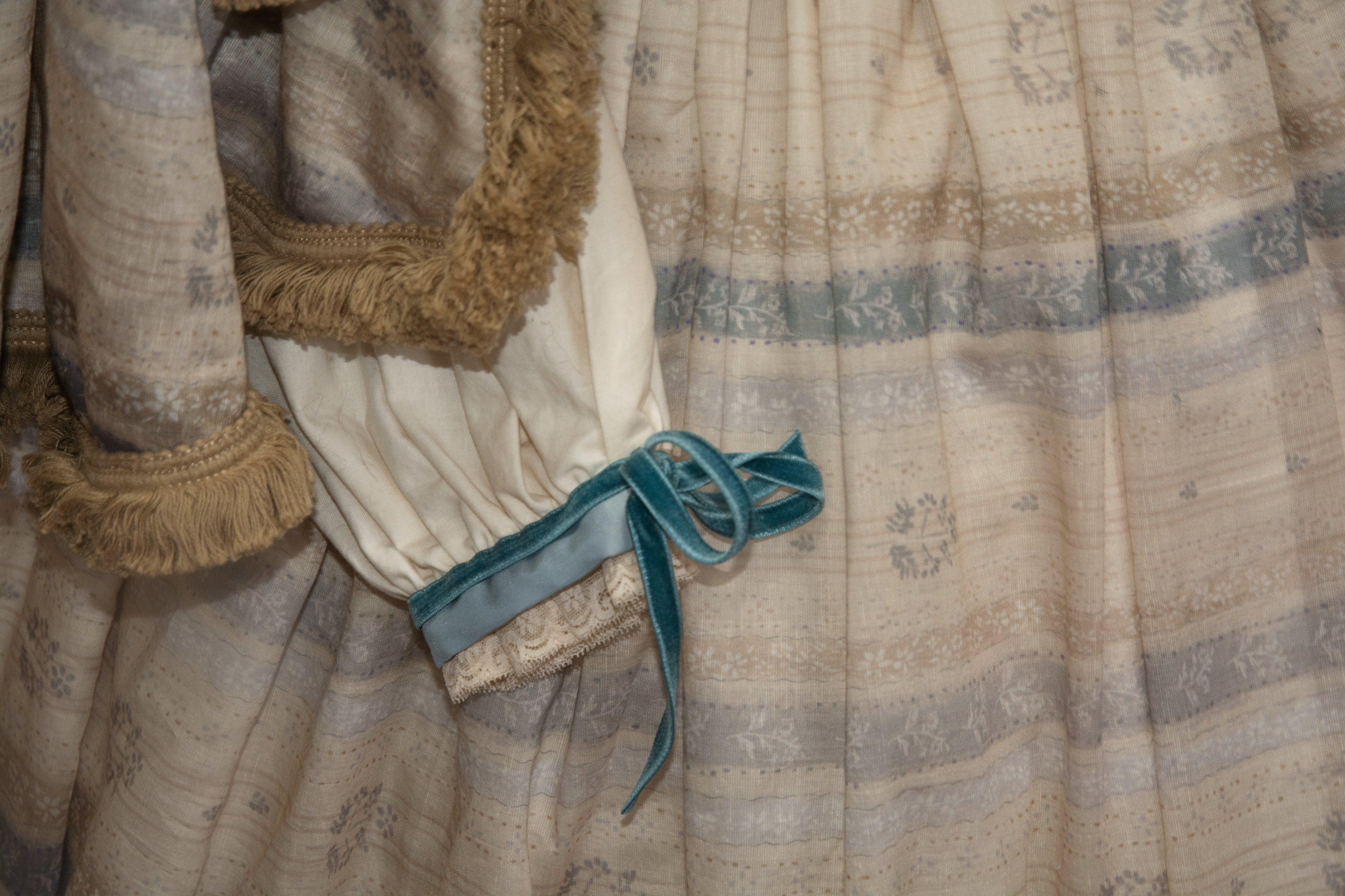 1850 Victorian Daydress Silk Taffeta Grenadine Japanese Ribbon Tea Dyed Cotton Lace Cotton Tassels ARCL1011