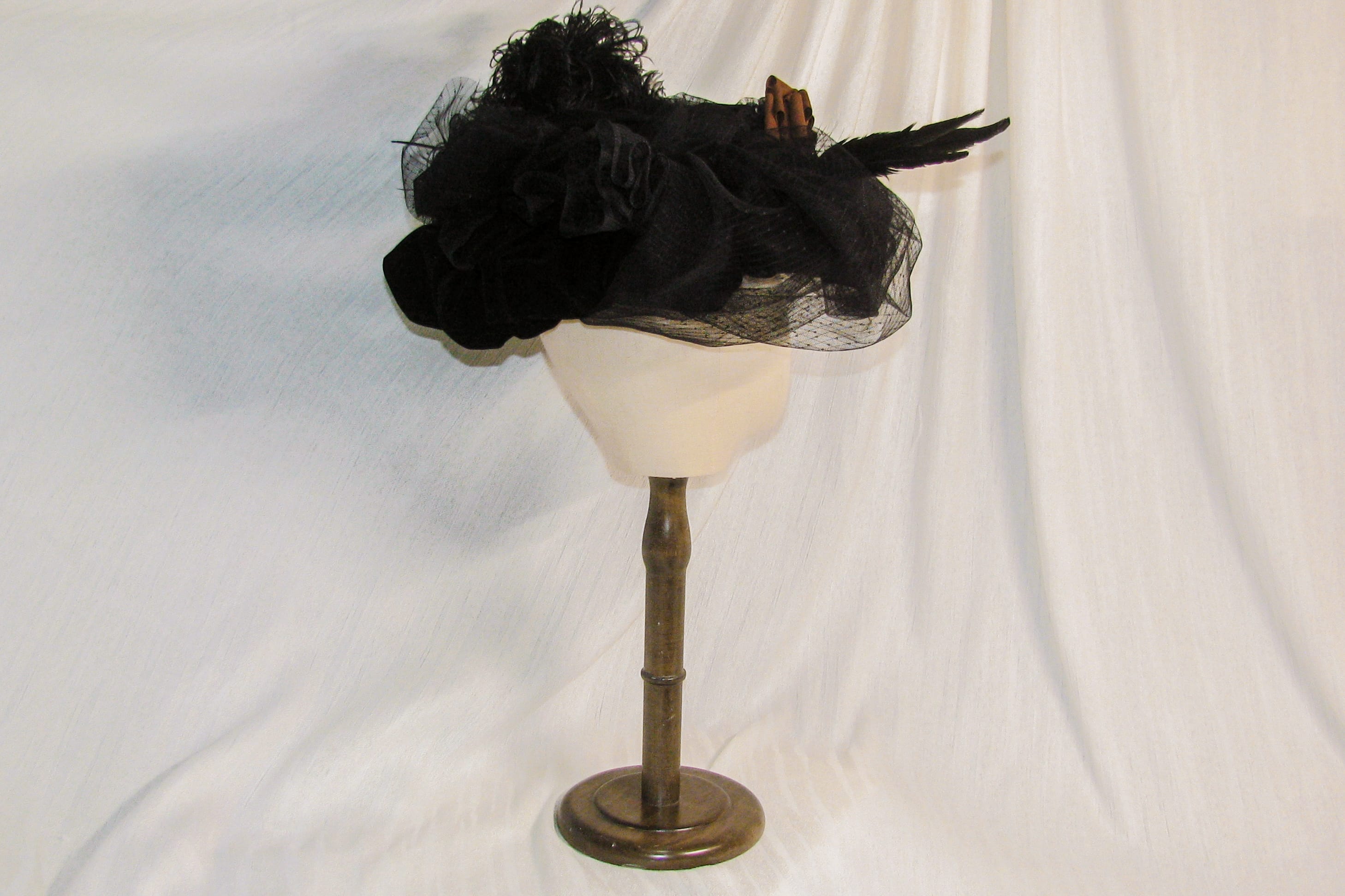 Victorian Edwardian Wide-Brimmed Hat with Brown Satin Rosette and Exotic Feather Details  ARHA1036