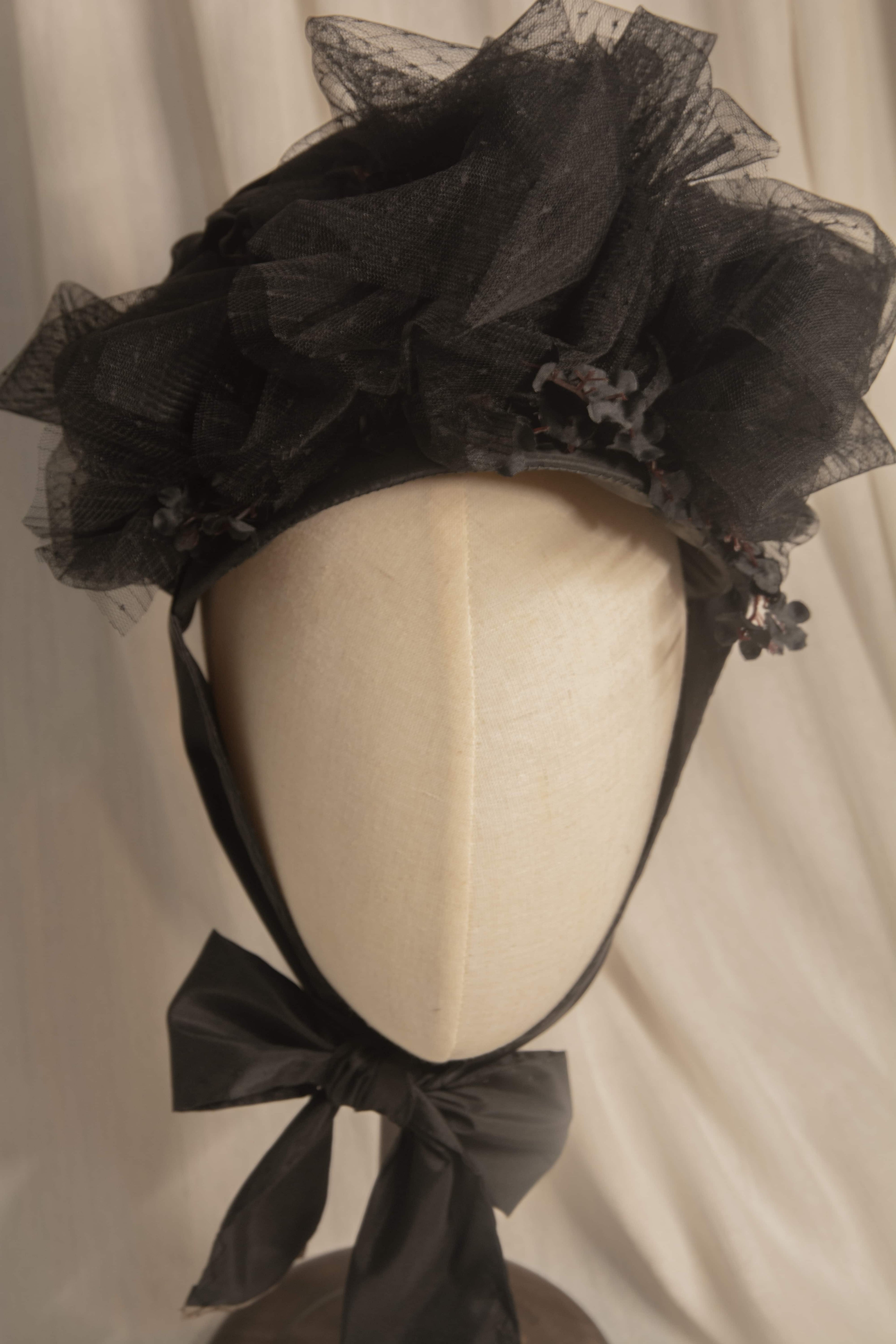 Victorian 1880s Mourning Bonnet - Black Silk Taffeta & Tulle Historical Headpiece