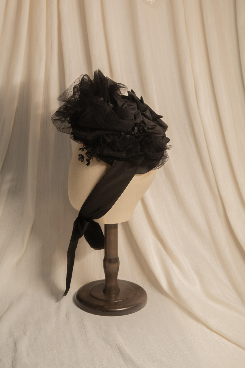 Victorian 1880s Mourning Bonnet - Black Silk Taffeta & Tulle Historical Headpiece