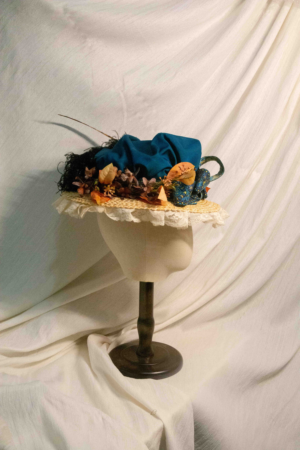 18th Rococo Hat With Teal Silk Drape, Dried Flowers & Lace Edge ARHA1038