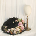 Edwardian Black Lace & Feather Hat with Pink-White Roses - Elegant Formal Event Headwear ARHA1028