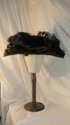 1900 Black & Purple Wide  Hat with Tulle & Feather - Elegant Gothic Headwear ARHA1024