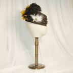 Regency Emma’s Black Satin Headband Hat with Yellow & White Feather Accents - Retro Party Headwear ARHA1029