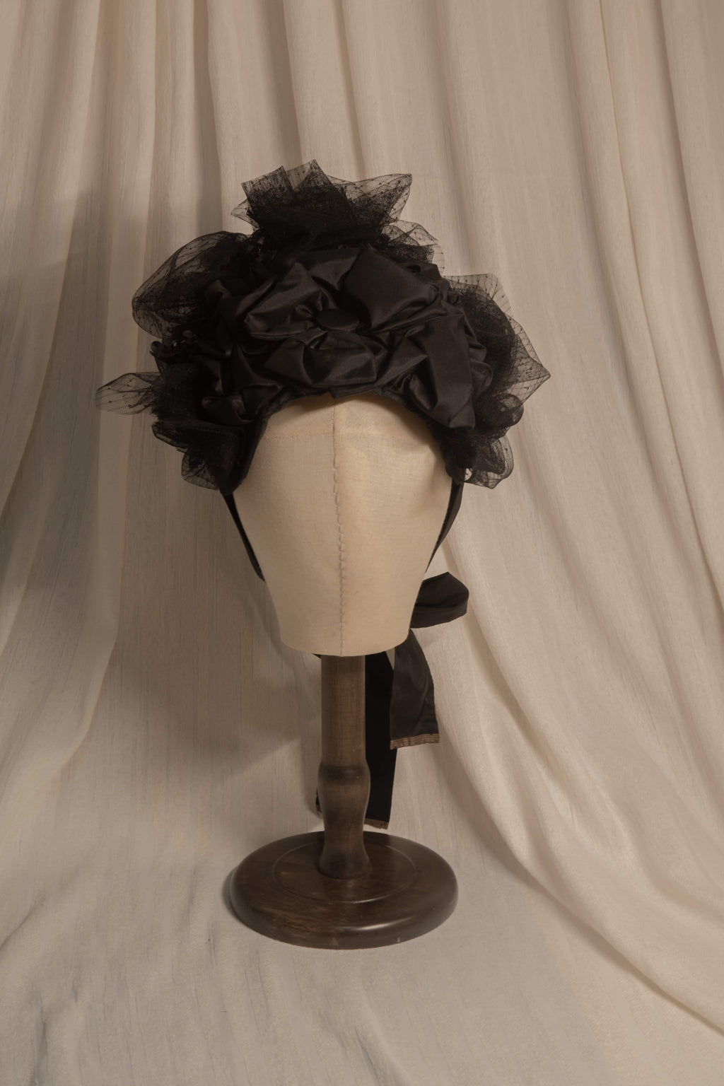 Victorian 1880s Mourning Bonnet - Black Silk Taffeta & Tulle Historical Headpiece