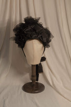 Victorian 1880s Mourning Bonnet - Black Silk Taffeta & Tulle Historical Headpiece