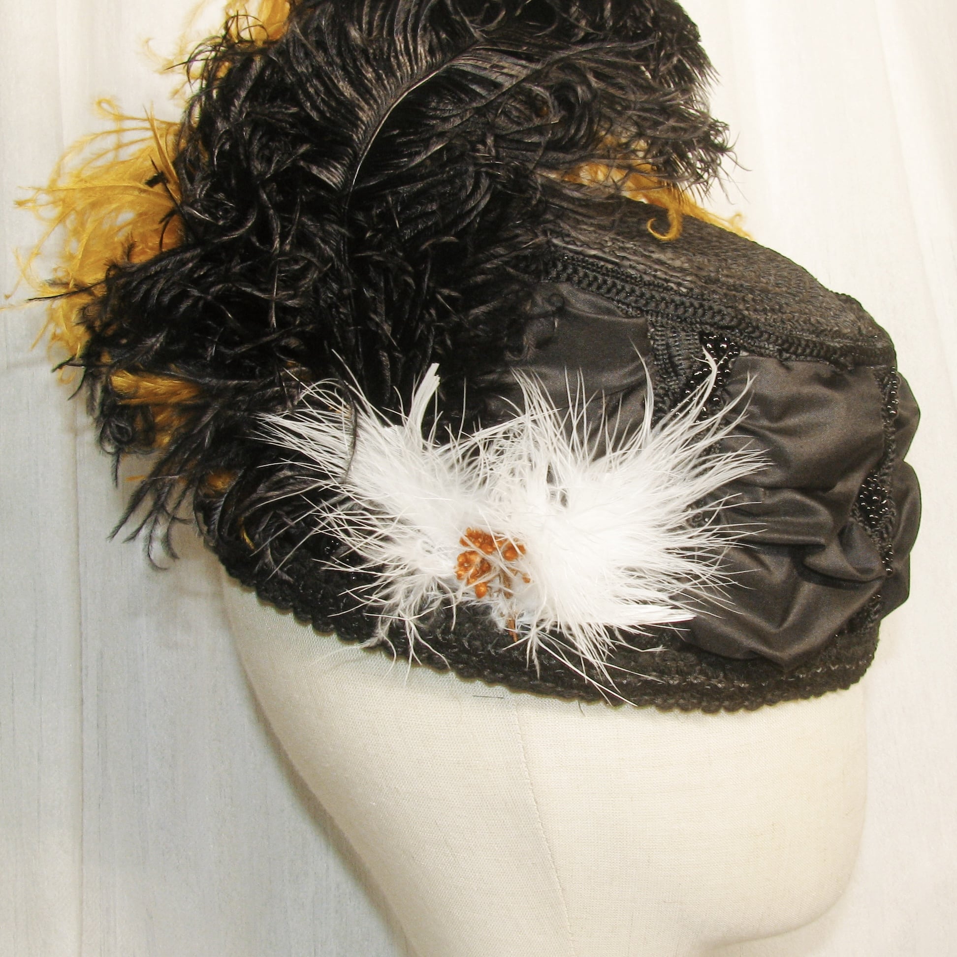 Regency Emma’s Black Satin Headband Hat with Yellow & White Feather Accents - Retro Party Headwear ARHA1029