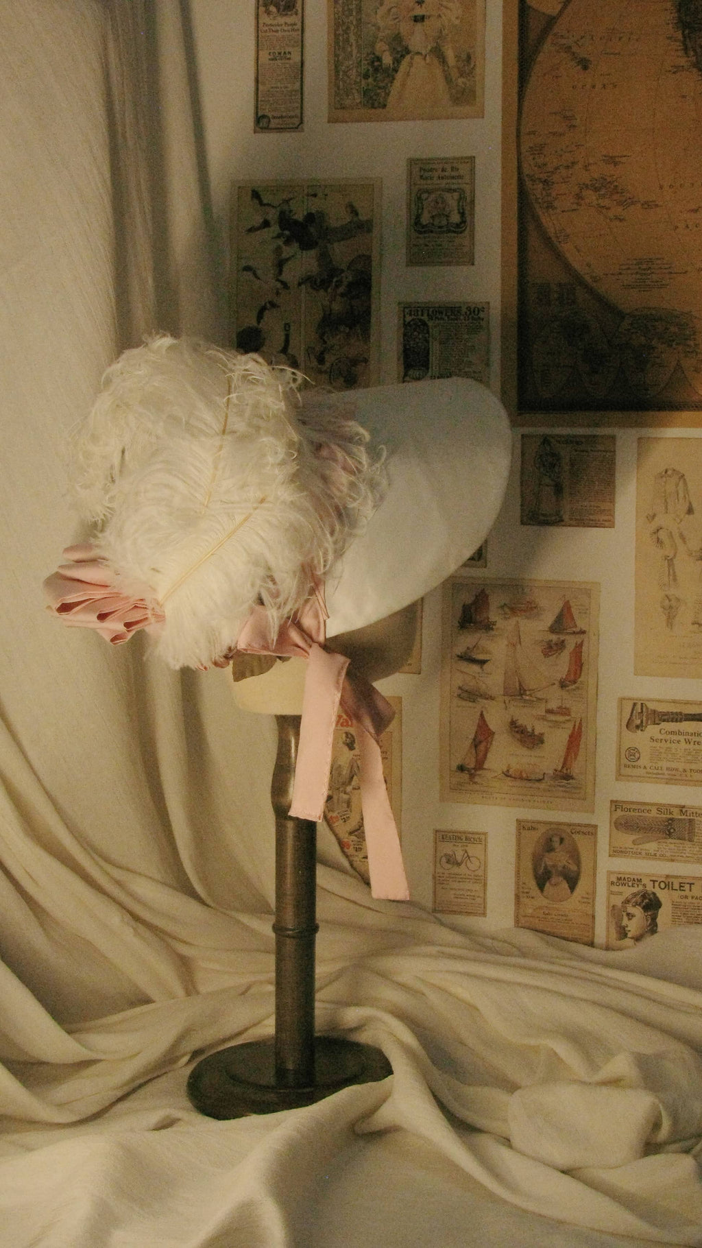 Regency Pink & White Feathered Bonnet with Rose & Satin Accents - Elegant Headwear for Tea Parties & Retro Styling ARHA1014