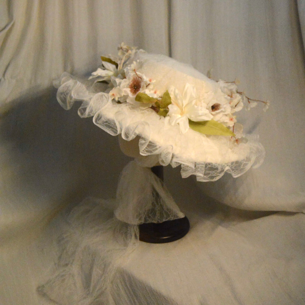 Edwardian Silk Taffet White Lace Millinery Hat with Handcrafted Floral Accents - Romantic Elegant Headwear for Weddings & Tea Parties ARHA1033